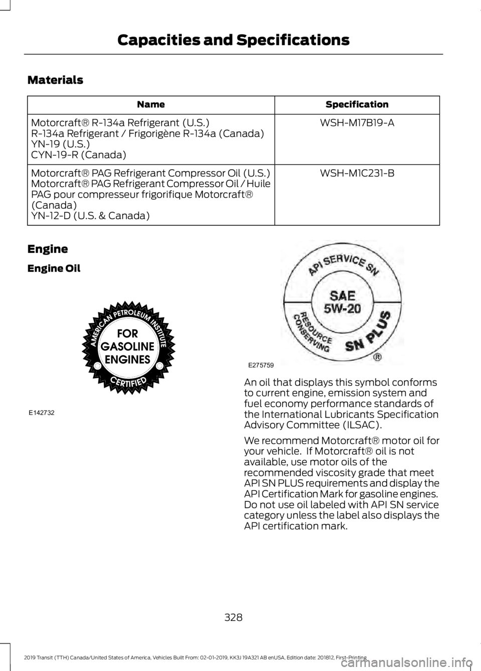 FORD TRANSIT 2019  Owners Manual Materials
Specification
Name
WSH-M17B19-A
Motorcraft® R-134a Refrigerant (U.S.)
R-134a Refrigerant / Frigorigène R-134a (Canada)
YN-19 (U.S.)
CYN-19-R (Canada)
WSH-M1C231-B
Motorcraft® PAG Refriger