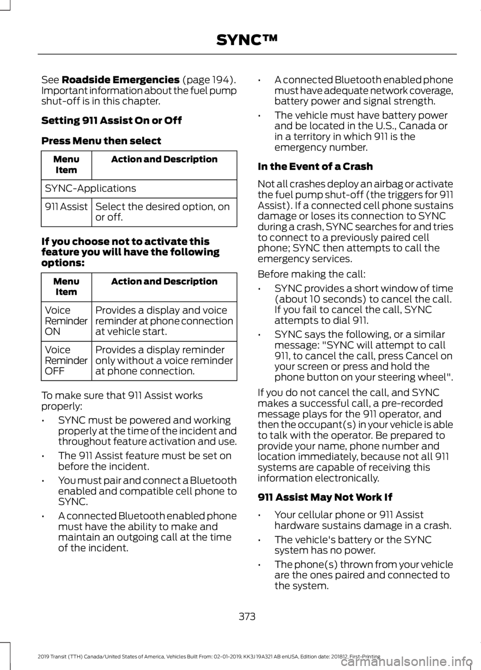 FORD TRANSIT 2019  Owners Manual See Roadside Emergencies (page 194).
Important information about the fuel pump
shut-off is in this chapter.
Setting 911 Assist On or Off
Press Menu then select Action and Description
Menu
Item
SYNC-Ap