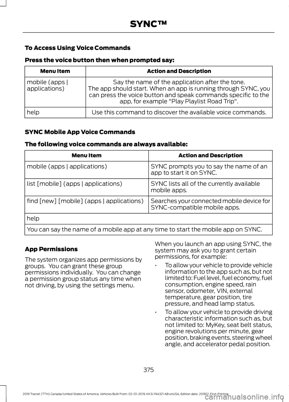 FORD TRANSIT 2019  Owners Manual To Access Using Voice Commands
Press the voice button then when prompted say:
Action and Description
Menu Item
Say the name of the application after the tone.
The app should start. When an app is runn