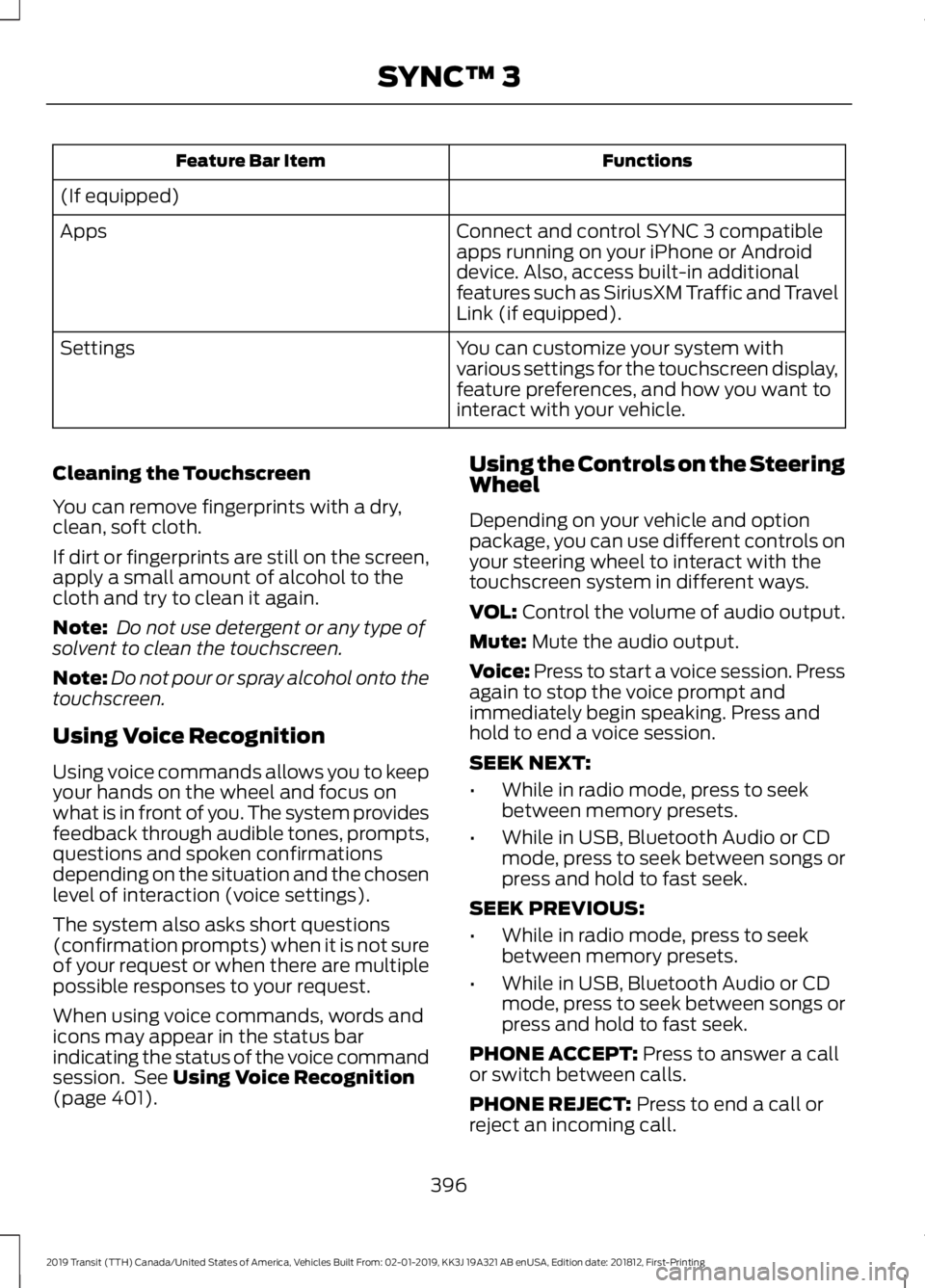 FORD TRANSIT 2019 Owners Manual Functions
Feature Bar Item
(If equipped) Connect and control SYNC 3 compatible
apps running on your iPhone or Android
device. Also, access built-in additional
features such as SiriusXM Traffic and Tra FORD TRANSIT 2019 Owners Manual Functions
Feature Bar Item
(If equipped) Connect and control SYNC 3 compatible
apps running on your iPhone or Android
device. Also, access built-in additional
features such as SiriusXM Traffic and Tra
