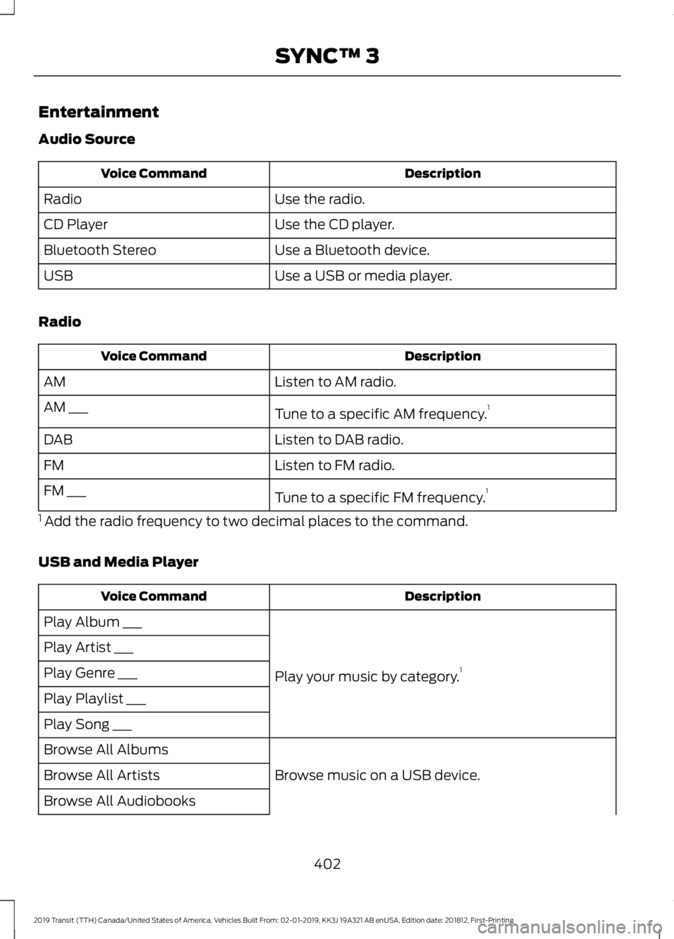 FORD TRANSIT 2019 Owners Manual Entertainment
Audio Source
Description
Voice Command
Use the radio.
Radio
Use the CD player.
CD Player
Use a Bluetooth device.
Bluetooth Stereo
Use a USB or media player.
USB
Radio Description
Voice C FORD TRANSIT 2019 Owners Manual Entertainment
Audio Source
Description
Voice Command
Use the radio.
Radio
Use the CD player.
CD Player
Use a Bluetooth device.
Bluetooth Stereo
Use a USB or media player.
USB
Radio Description
Voice C