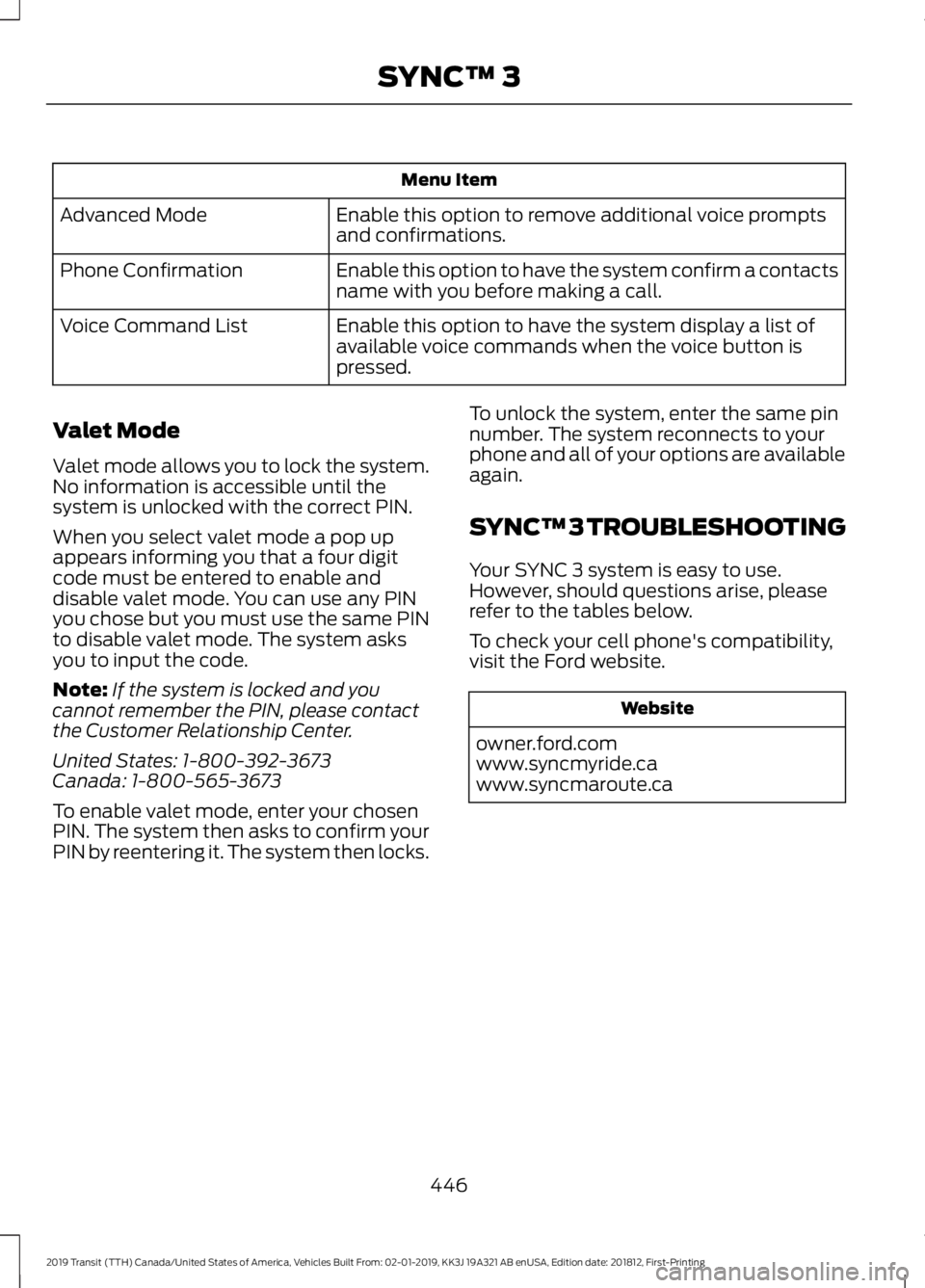 FORD TRANSIT 2019  Owners Manual Menu Item
Enable this option to remove additional voice prompts
and confirmations.
Advanced Mode
Enable this option to have the system confirm a contacts
name with you before making a call.
Phone Conf