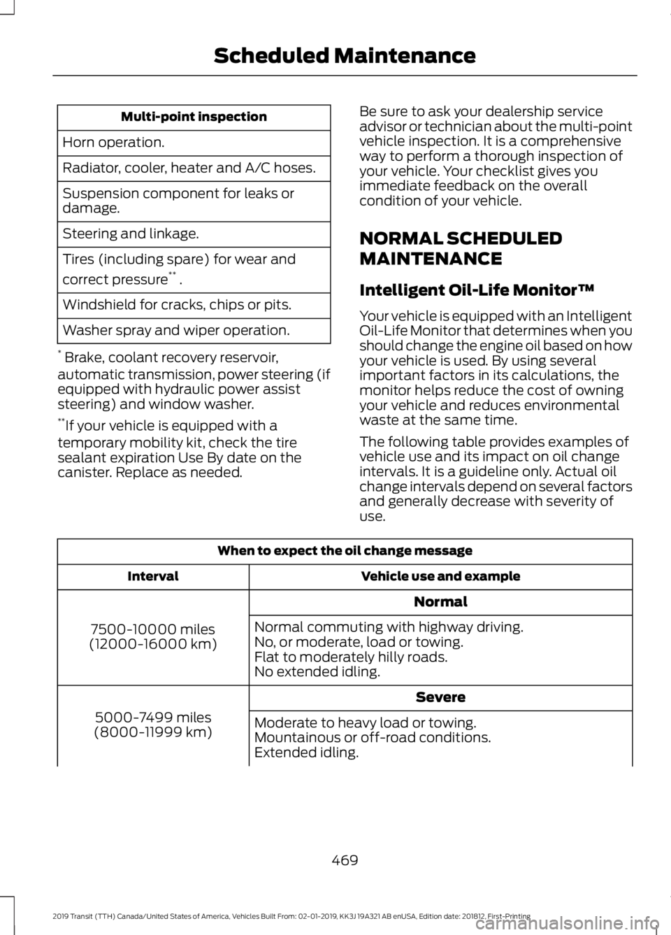 FORD TRANSIT 2019  Owners Manual Multi-point inspection
Horn operation.
Radiator, cooler, heater and A/C hoses.
Suspension component for leaks or
damage.
Steering and linkage.
Tires (including spare) for wear and
correct pressure **
