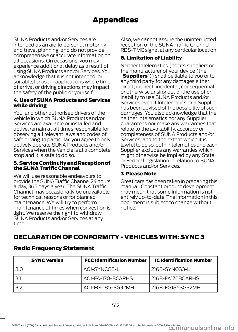 FORD TRANSIT 2019 Owners Manual SUNA Products and/or Services are
intended as an aid to personal motoring
and travel planning, and do not provide
comprehensive or accurate information on
all occasions. On occasions, you may
experien FORD TRANSIT 2019 Owners Manual SUNA Products and/or Services are
intended as an aid to personal motoring
and travel planning, and do not provide
comprehensive or accurate information on
all occasions. On occasions, you may
experien