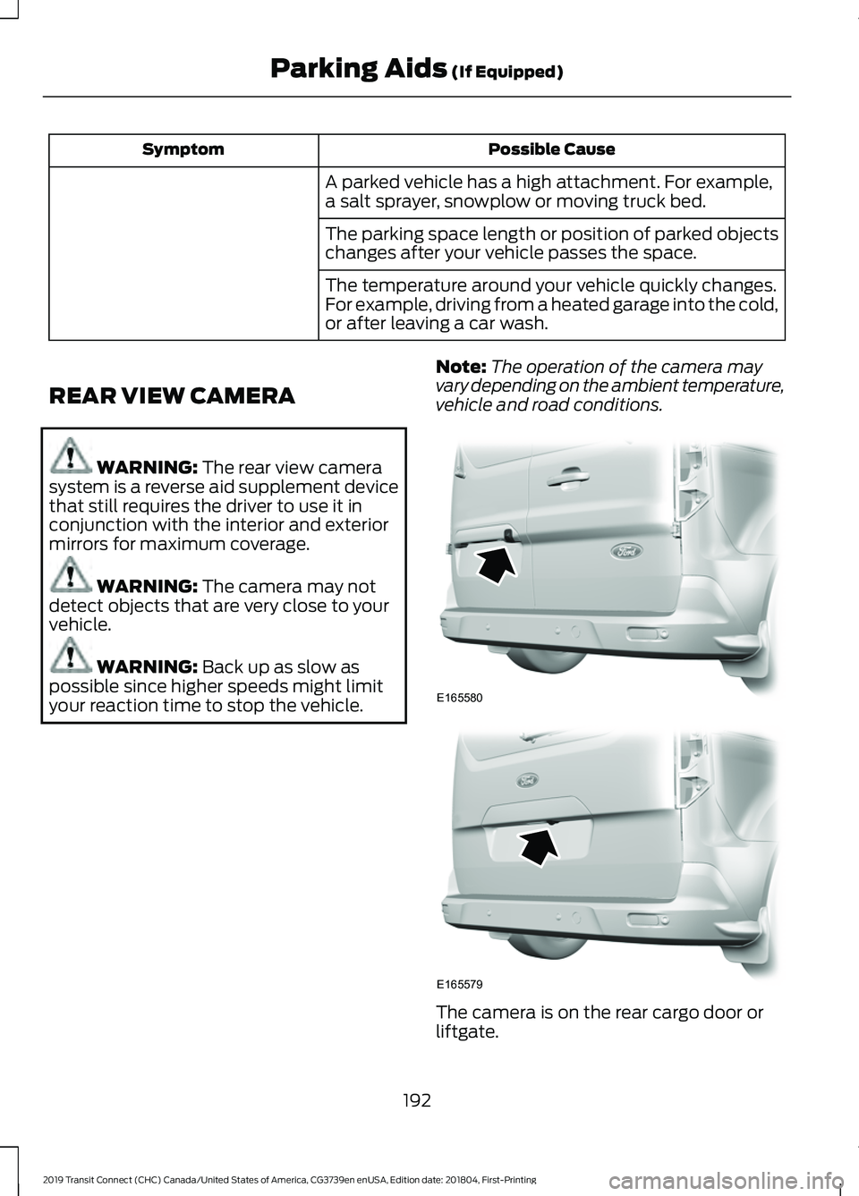 FORD TRANSIT CONNECT 2019 Owners Manual Possible Cause
Symptom
A parked vehicle has a high attachment. For example,
a salt sprayer, snowplow or moving truck bed.
The parking space length or position of parked objects
changes after your vehi FORD TRANSIT CONNECT 2019 Owners Manual Possible Cause
Symptom
A parked vehicle has a high attachment. For example,
a salt sprayer, snowplow or moving truck bed.
The parking space length or position of parked objects
changes after your vehi