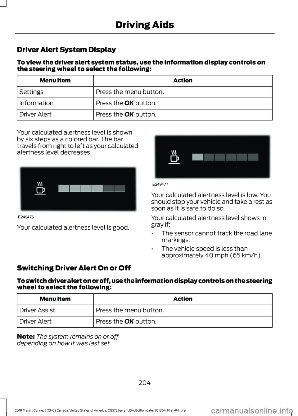 FORD TRANSIT CONNECT 2019 Owners Guide Driver Alert System Display
To view the driver alert system status, use the information display controls on
the steering wheel to select the following:
Action
Menu Item
Press the menu button.
Settings FORD TRANSIT CONNECT 2019 Owners Guide Driver Alert System Display
To view the driver alert system status, use the information display controls on
the steering wheel to select the following:
Action
Menu Item
Press the menu button.
Settings