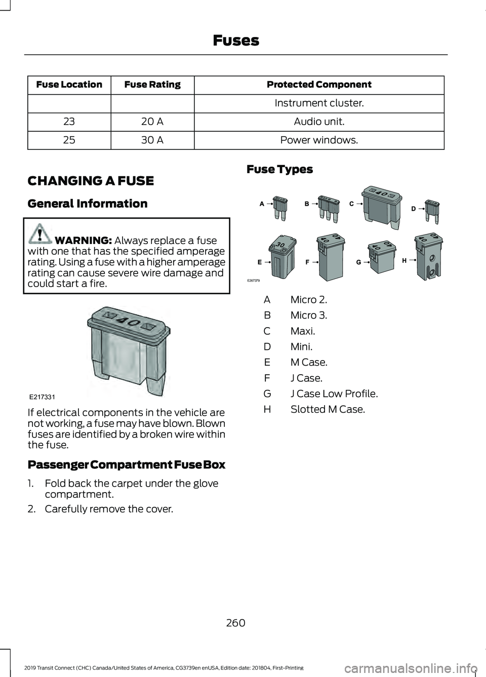 FORD TRANSIT CONNECT 2019 Owners Manual Protected Component
Fuse Rating
Fuse Location
Instrument cluster.Audio unit.
20 A
23
Power windows.
30 A
25
CHANGING A FUSE
General Information WARNING: Always replace a fuse
with one that has the spe FORD TRANSIT CONNECT 2019 Owners Manual Protected Component
Fuse Rating
Fuse Location
Instrument cluster.Audio unit.
20 A
23
Power windows.
30 A
25
CHANGING A FUSE
General Information WARNING: Always replace a fuse
with one that has the spe