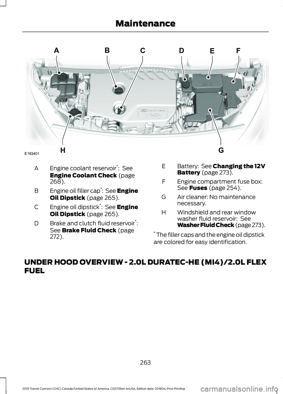 FORD TRANSIT CONNECT 2019 Service Manual Engine coolant reservoir
*
: See
Engine Coolant Check (page
268).
A
Engine oil filler cap *
: See Engine
Oil Dipstick
(page 265).
B
Engine oil dipstick *
:
See Engine
Oil Dipstick (page 265).
C
B FORD TRANSIT CONNECT 2019 Service Manual Engine coolant reservoir
*
: See
Engine Coolant Check (page
268).
A
Engine oil filler cap *
: See Engine
Oil Dipstick
(page 265).
B
Engine oil dipstick *
:
See Engine
Oil Dipstick (page 265).
C
B