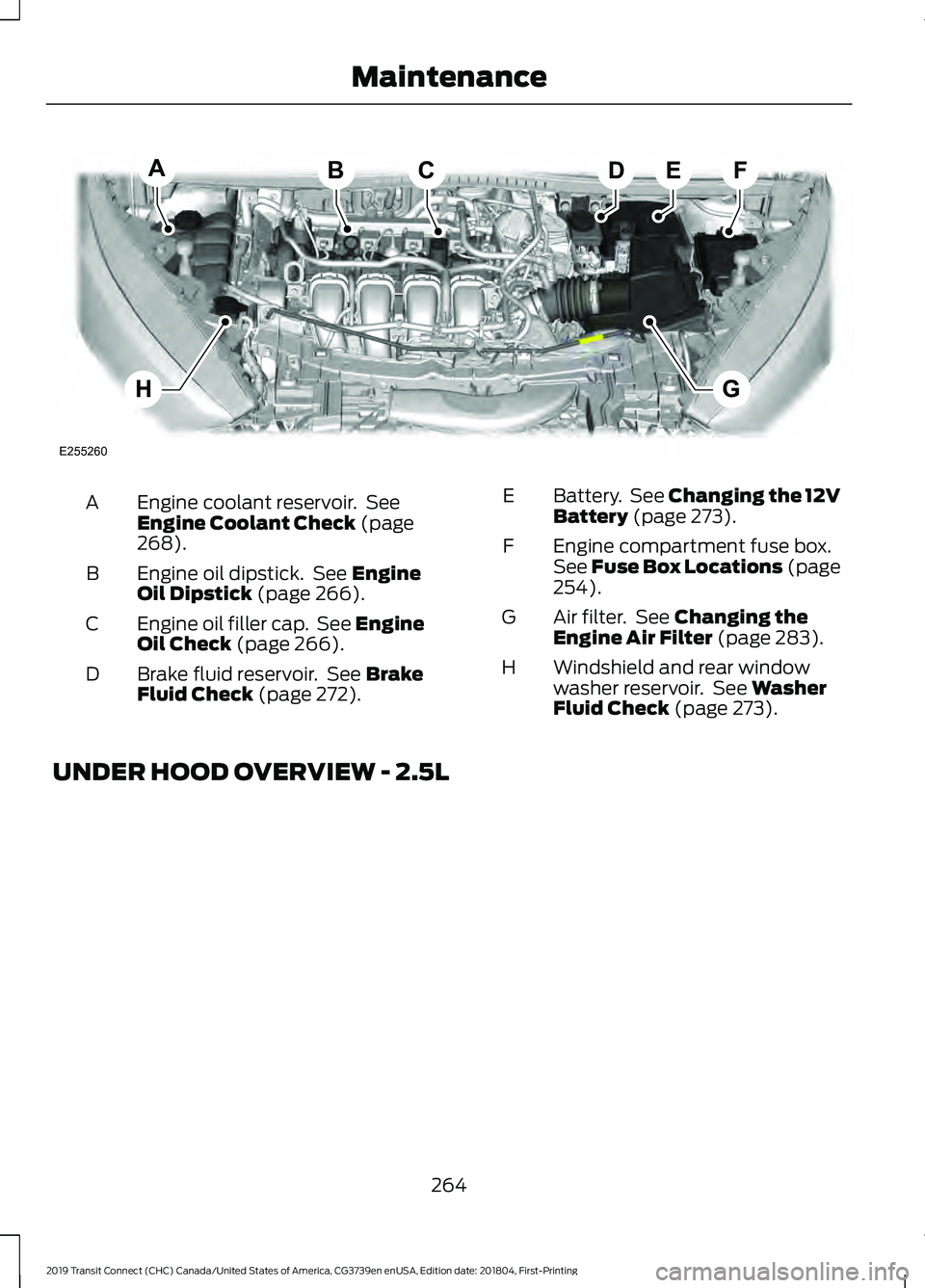 FORD TRANSIT CONNECT 2019  Owners Manual Engine coolant reservoir.  See
Engine Coolant Check (page
268).
A
Engine oil dipstick.  See 
Engine
Oil Dipstick (page 266).
B
Engine oil filler cap.  See Engine
Oil Check
 (page 266).
C
Brake fluid r