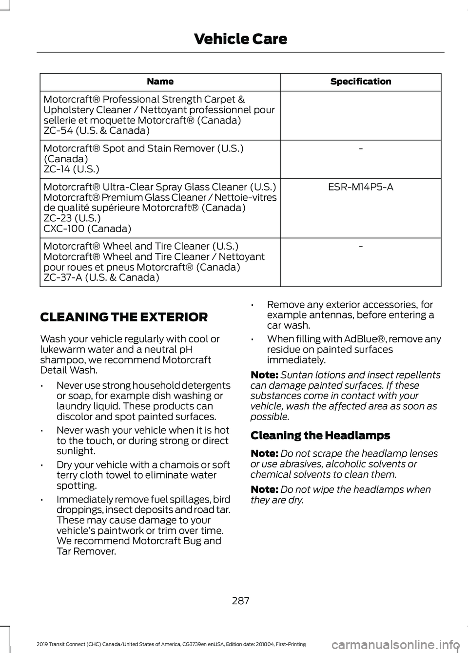 FORD TRANSIT CONNECT 2019 Owners Manual Specification
Name
Motorcraft® Professional Strength Carpet &
Upholstery Cleaner / Nettoyant professionnel pour
sellerie et moquette Motorcraft® (Canada)
ZC-54 (U.S. & Canada) -
Motorcraft® Spot an FORD TRANSIT CONNECT 2019 Owners Manual Specification
Name
Motorcraft® Professional Strength Carpet &
Upholstery Cleaner / Nettoyant professionnel pour
sellerie et moquette Motorcraft® (Canada)
ZC-54 (U.S. & Canada) -
Motorcraft® Spot an