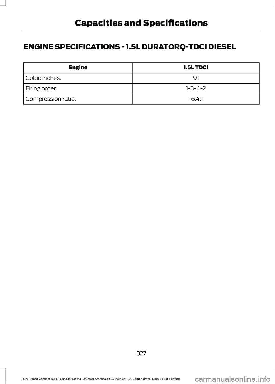 FORD TRANSIT CONNECT 2019 Owners Manual ENGINE SPECIFICATIONS - 1.5L DURATORQ-TDCI DIESEL
1.5L TDCi
Engine
91
Cubic inches.
1-3-4-2
Firing order.
16.4:1
Compression ratio.
327
2019 Transit Connect (CHC) Canada/United States of America, CG37 FORD TRANSIT CONNECT 2019 Owners Manual ENGINE SPECIFICATIONS - 1.5L DURATORQ-TDCI DIESEL
1.5L TDCi
Engine
91
Cubic inches.
1-3-4-2
Firing order.
16.4:1
Compression ratio.
327
2019 Transit Connect (CHC) Canada/United States of America, CG37
