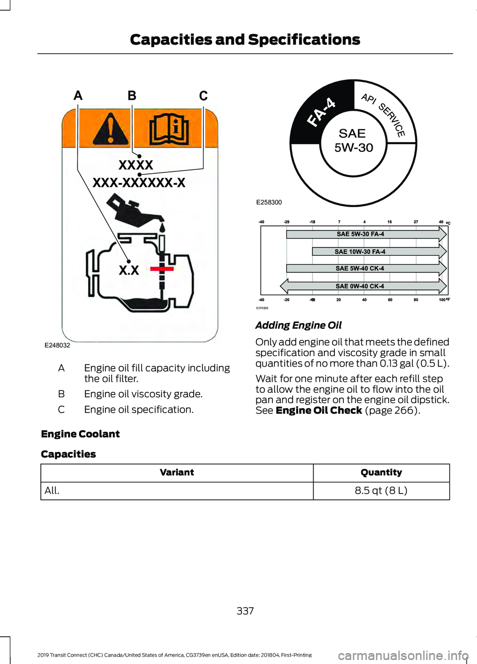 FORD TRANSIT CONNECT 2019 Workshop Manual Engine oil fill capacity including
the oil filter.
A
Engine oil viscosity grade.
B
Engine oil specification.
C Adding Engine Oil
Only add engine oil that meets the defined
specification and viscosity FORD TRANSIT CONNECT 2019 Workshop Manual Engine oil fill capacity including
the oil filter.
A
Engine oil viscosity grade.
B
Engine oil specification.
C Adding Engine Oil
Only add engine oil that meets the defined
specification and viscosity