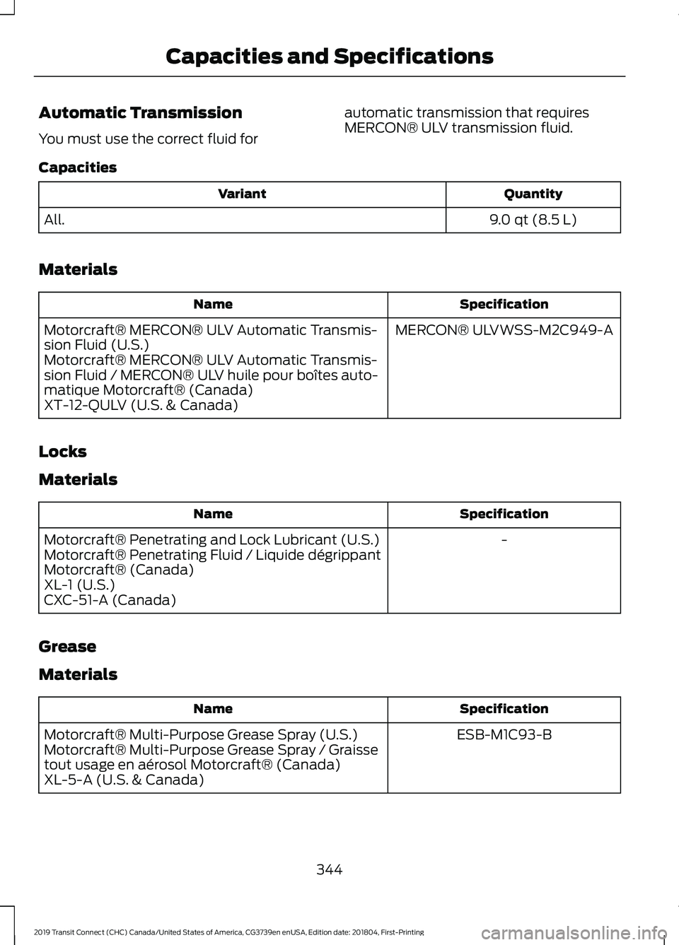 FORD TRANSIT CONNECT 2019 Owners Manual Automatic Transmission
You must use the correct fluid for
automatic transmission that requires
MERCON® ULV transmission fluid.
Capacities Quantity
Variant
9.0 qt (8.5 L)
All.
Materials Specification
FORD TRANSIT CONNECT 2019 Owners Manual Automatic Transmission
You must use the correct fluid for
automatic transmission that requires
MERCON® ULV transmission fluid.
Capacities Quantity
Variant
9.0 qt (8.5 L)
All.
Materials Specification