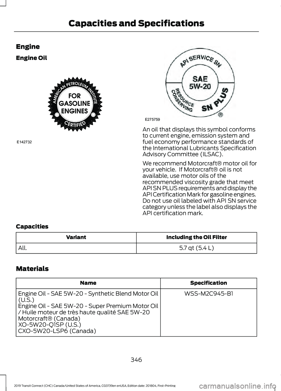 FORD TRANSIT CONNECT 2019 Owners Manual Engine
Engine Oil
An oil that displays this symbol conforms
to current engine, emission system and
fuel economy performance standards of
the International Lubricants Specification
Advisory Committee ( FORD TRANSIT CONNECT 2019 Owners Manual Engine
Engine Oil
An oil that displays this symbol conforms
to current engine, emission system and
fuel economy performance standards of
the International Lubricants Specification
Advisory Committee (