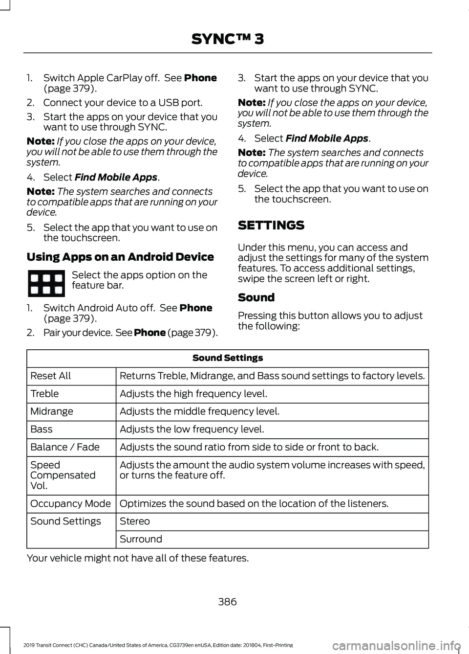 FORD TRANSIT CONNECT 2019 Owners Manual 1. Switch Apple CarPlay off. See Phone
(page 379).
2. Connect your device to a USB port.
3. Start the apps on your device that you want to use through SYNC.
Note: If you close the apps on your device FORD TRANSIT CONNECT 2019 Owners Manual 1. Switch Apple CarPlay off. See Phone
(page 379).
2. Connect your device to a USB port.
3. Start the apps on your device that you want to use through SYNC.
Note: If you close the apps on your device