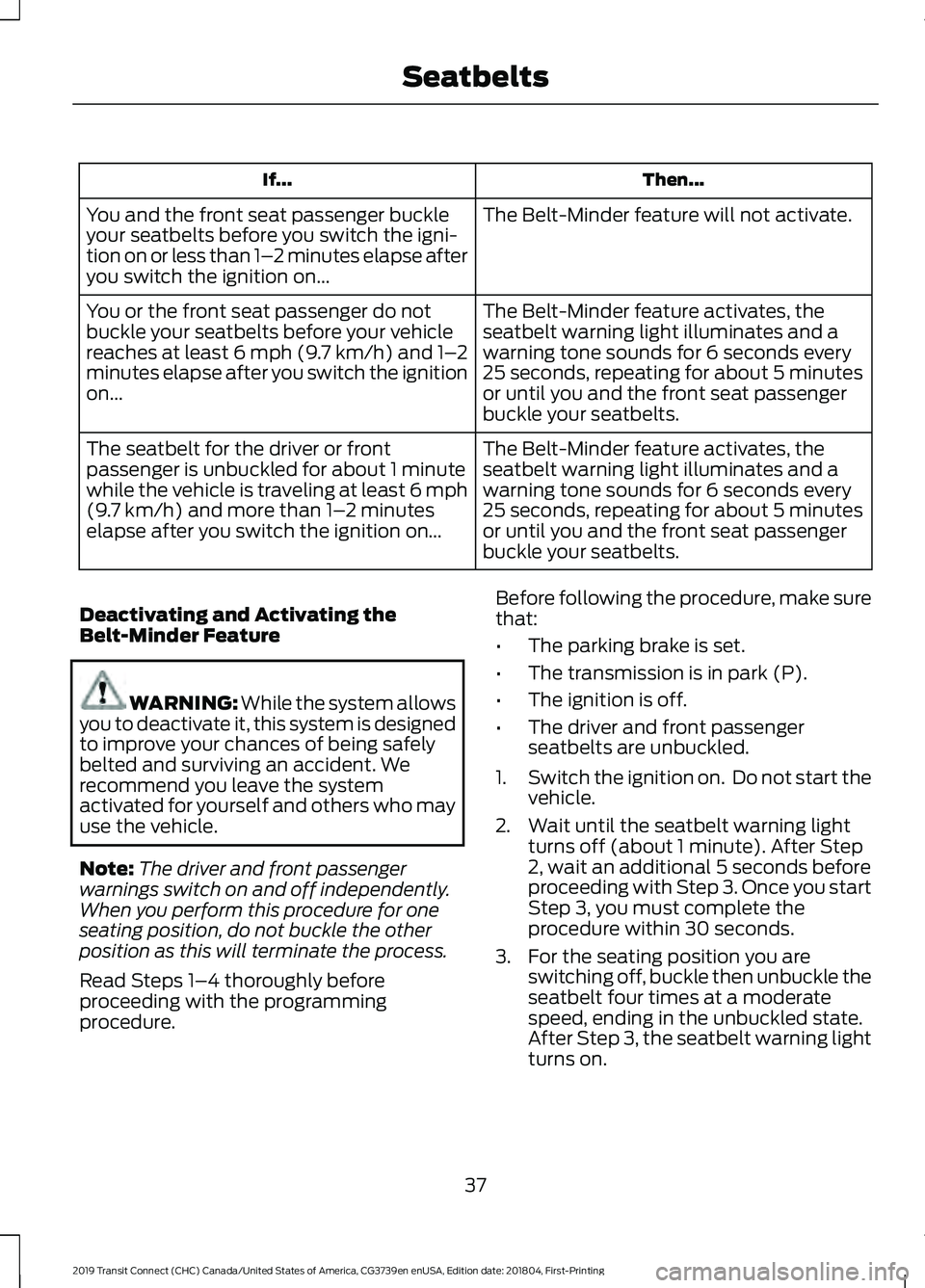 FORD TRANSIT CONNECT 2019  Owners Manual Then...
If...
The Belt-Minder feature will not activate.
You and the front seat passenger buckle
your seatbelts before you switch the igni-
tion on or less than 1– 2 minutes elapse after
you switch 