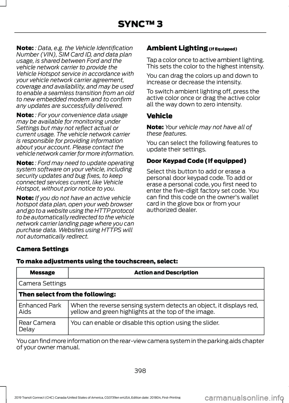 FORD TRANSIT CONNECT 2019 Owners Manual Note:
: Data, e.g. the Vehicle Identification
Number (VIN), SIM Card ID, and data plan
usage, is shared between Ford and the
vehicle network carrier to provide the
Vehicle Hotspot service in accordanc FORD TRANSIT CONNECT 2019 Owners Manual Note:
: Data, e.g. the Vehicle Identification
Number (VIN), SIM Card ID, and data plan
usage, is shared between Ford and the
vehicle network carrier to provide the
Vehicle Hotspot service in accordanc