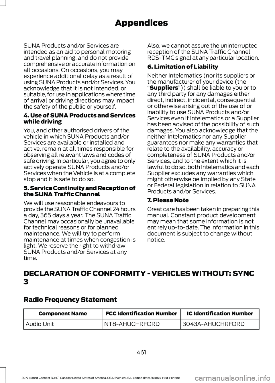 FORD TRANSIT CONNECT 2019 Owners Manual SUNA Products and/or Services are
intended as an aid to personal motoring
and travel planning, and do not provide
comprehensive or accurate information on
all occasions. On occasions, you may
experien FORD TRANSIT CONNECT 2019 Owners Manual SUNA Products and/or Services are
intended as an aid to personal motoring
and travel planning, and do not provide
comprehensive or accurate information on
all occasions. On occasions, you may
experien