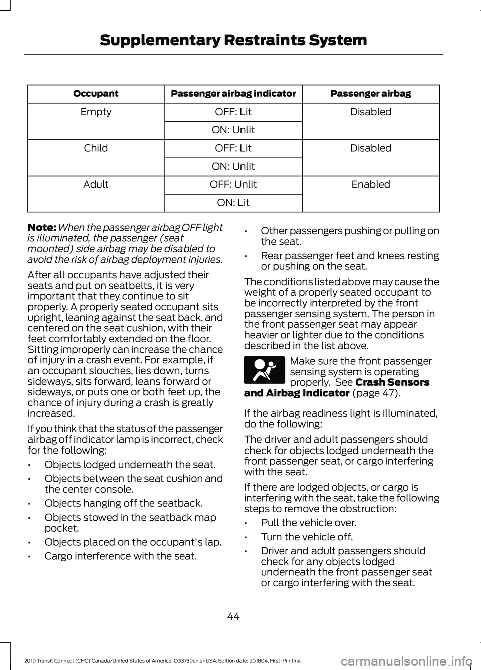 FORD TRANSIT CONNECT 2019 Owners Manual Passenger airbag
Passenger airbag indicator
Occupant
Disabled
OFF: Lit
Empty
ON: Unlit Disabled
OFF: Lit
Child
ON: Unlit Enabled
OFF: Unlit
Adult
ON: Lit
Note: When the passenger airbag OFF light
is i FORD TRANSIT CONNECT 2019 Owners Manual Passenger airbag
Passenger airbag indicator
Occupant
Disabled
OFF: Lit
Empty
ON: Unlit Disabled
OFF: Lit
Child
ON: Unlit Enabled
OFF: Unlit
Adult
ON: Lit
Note: When the passenger airbag OFF light
is i
