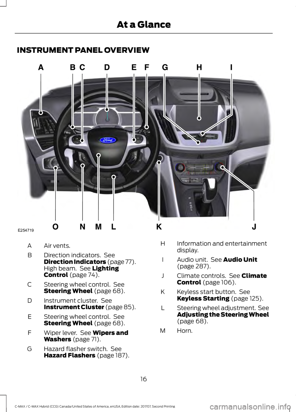 FORD C-MAY HYBRID 2018  Owners Manual INSTRUMENT PANEL OVERVIEW
Air vents.
A
Direction indicators.  See
Direction Indicators (page 77).
High beam.  See Lighting
Control (page 74).
B
Steering wheel control.  See
Steering Wheel
 (page 68).

