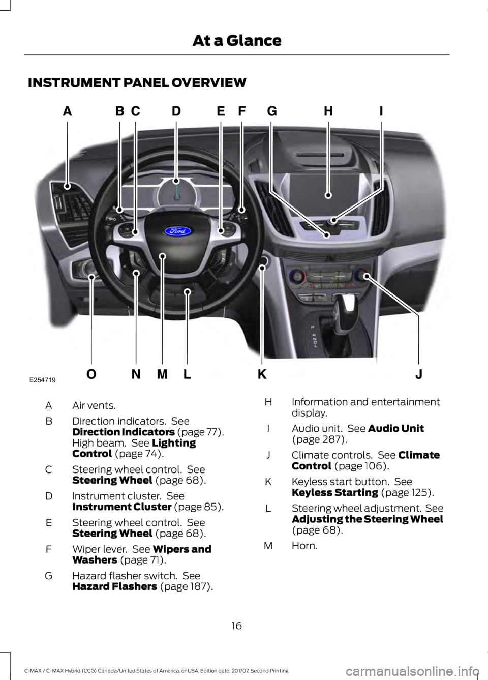 FORD C-MAY HYBRID 2018 Owners Manual INSTRUMENT PANEL OVERVIEW
Air vents.
A
Direction indicators. See
Direction Indicators (page 77).
High beam. See Lighting
Control (page 74).
B
Steering wheel control. See
Steering Wheel
(page 68).
FORD C-MAY HYBRID 2018 Owners Manual INSTRUMENT PANEL OVERVIEW
Air vents.
A
Direction indicators. See
Direction Indicators (page 77).
High beam. See Lighting
Control (page 74).
B
Steering wheel control. See
Steering Wheel
(page 68).
