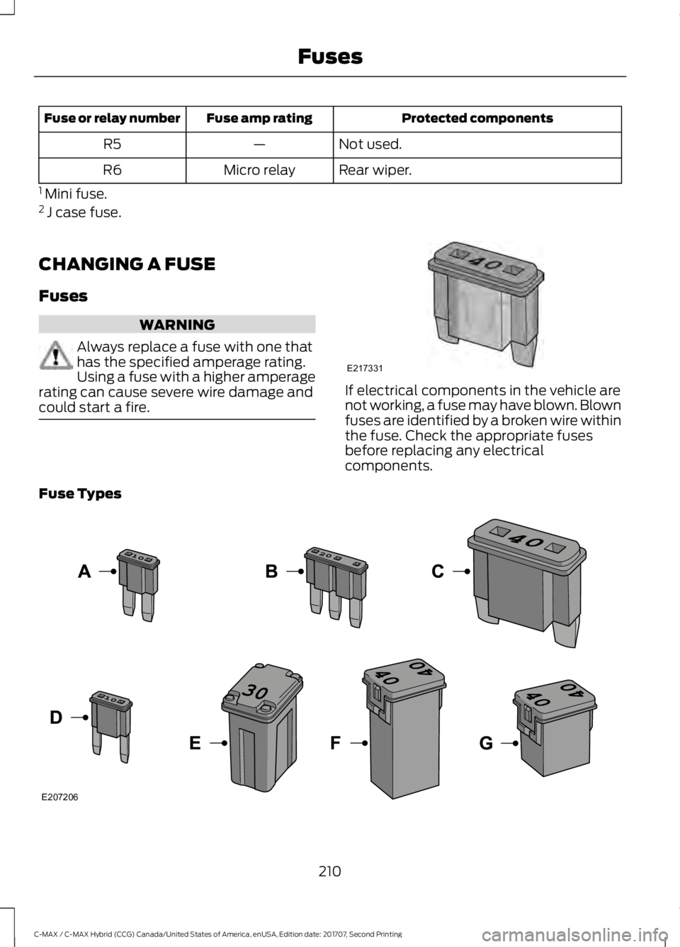 FORD C-MAY HYBRID 2018 Owners Manual Protected components
Fuse amp rating
Fuse or relay number
Not used.
—
R5
Rear wiper.
Micro relay
R6
1 Mini fuse.
2 J case fuse.
CHANGING A FUSE
Fuses WARNING
Always replace a fuse with one that
ha FORD C-MAY HYBRID 2018 Owners Manual Protected components
Fuse amp rating
Fuse or relay number
Not used.
—
R5
Rear wiper.
Micro relay
R6
1 Mini fuse.
2 J case fuse.
CHANGING A FUSE
Fuses WARNING
Always replace a fuse with one that
ha