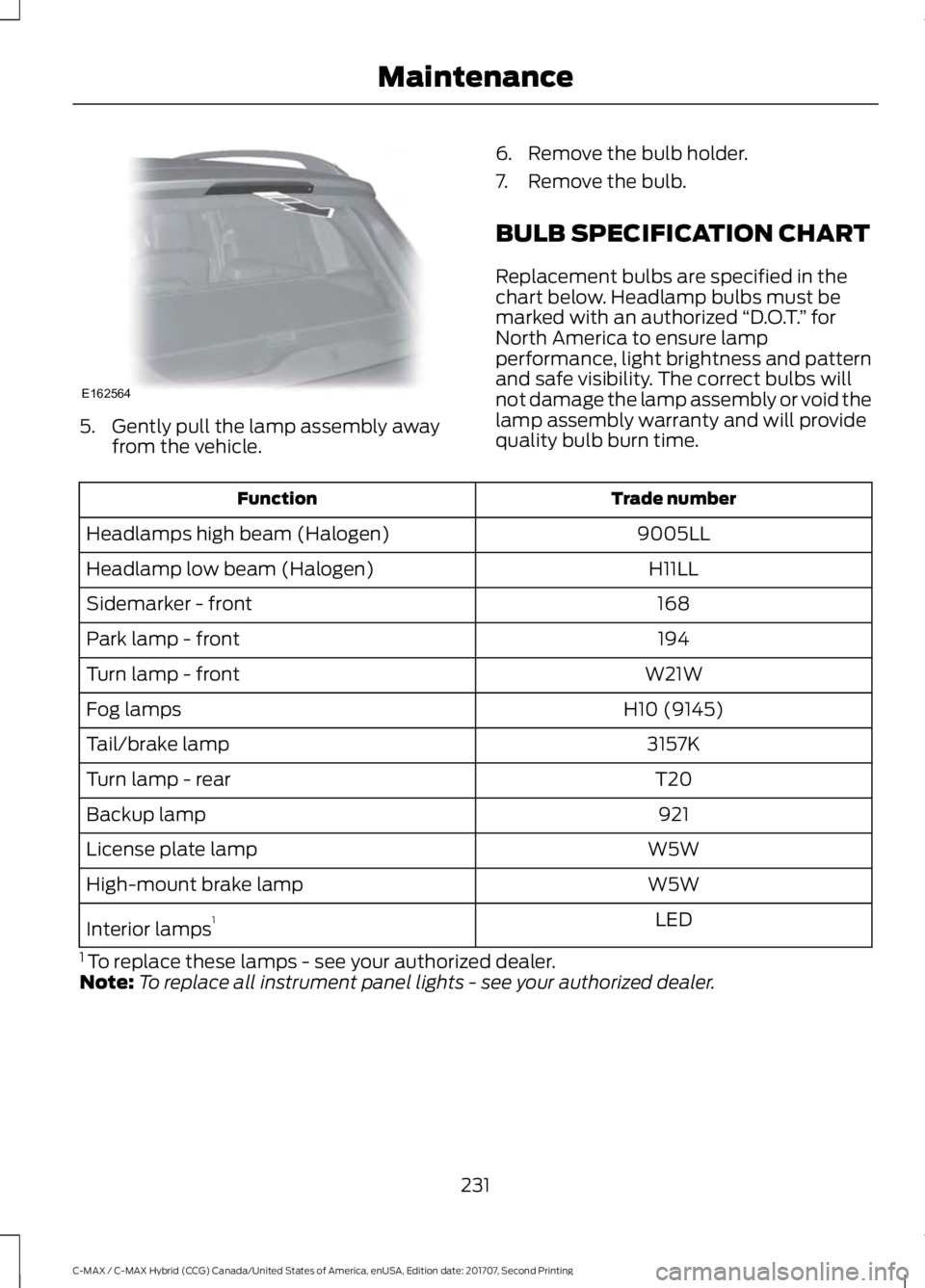 FORD C-MAY HYBRID 2018 User Guide 5. Gently pull the lamp assembly away
from the vehicle. 6. Remove the bulb holder.
7. Remove the bulb.
BULB SPECIFICATION CHART
Replacement bulbs are specified in the
chart below. Headlamp bulbs must FORD C-MAY HYBRID 2018 User Guide 5. Gently pull the lamp assembly away
from the vehicle. 6. Remove the bulb holder.
7. Remove the bulb.
BULB SPECIFICATION CHART
Replacement bulbs are specified in the
chart below. Headlamp bulbs must
