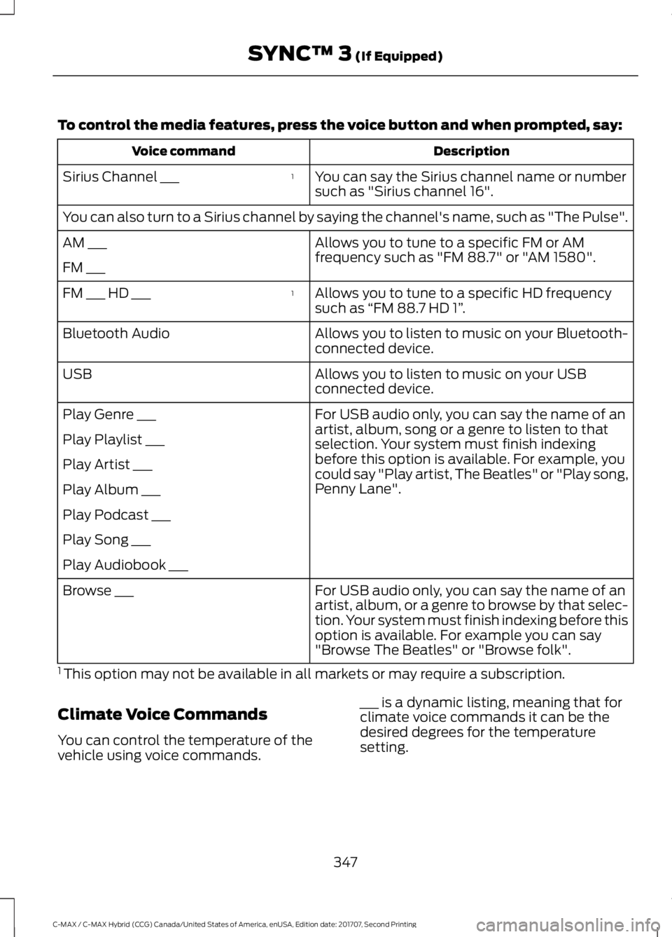FORD C-MAY HYBRID 2018 Owners Manual To control the media features, press the voice button and when prompted, say:
Description
Voice command
You can say the Sirius channel name or number
such as "Sirius channel 16".
1
Sirius Chan FORD C-MAY HYBRID 2018 Owners Manual To control the media features, press the voice button and when prompted, say:
Description
Voice command
You can say the Sirius channel name or number
such as "Sirius channel 16".
1
Sirius Chan