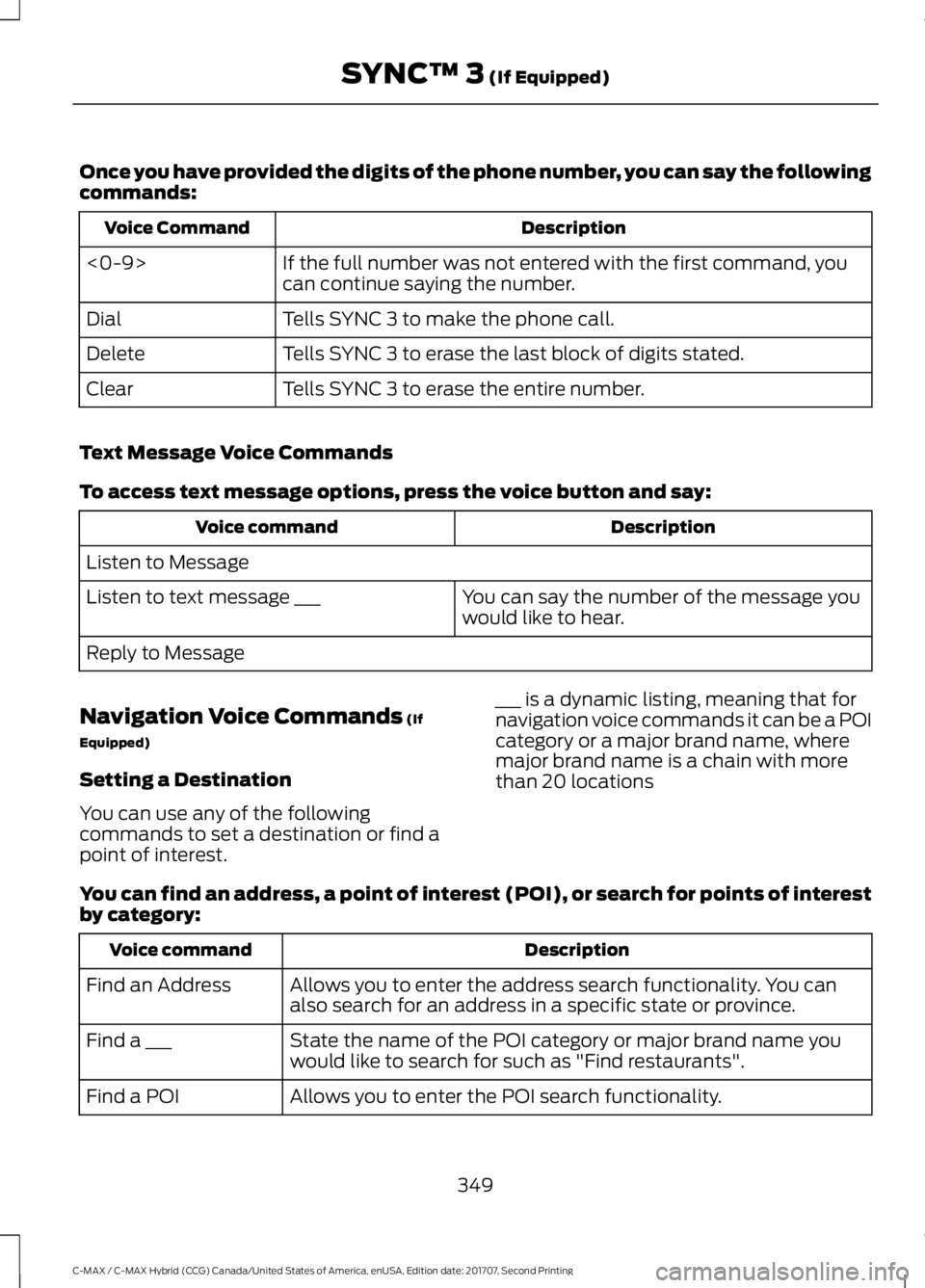 FORD C-MAY HYBRID 2018 Owners Manual Once you have provided the digits of the phone number, you can say the following
commands:
Description
Voice Command
If the full number was not entered with the first command, you
can continue saying FORD C-MAY HYBRID 2018 Owners Manual Once you have provided the digits of the phone number, you can say the following
commands:
Description
Voice Command
If the full number was not entered with the first command, you
can continue saying