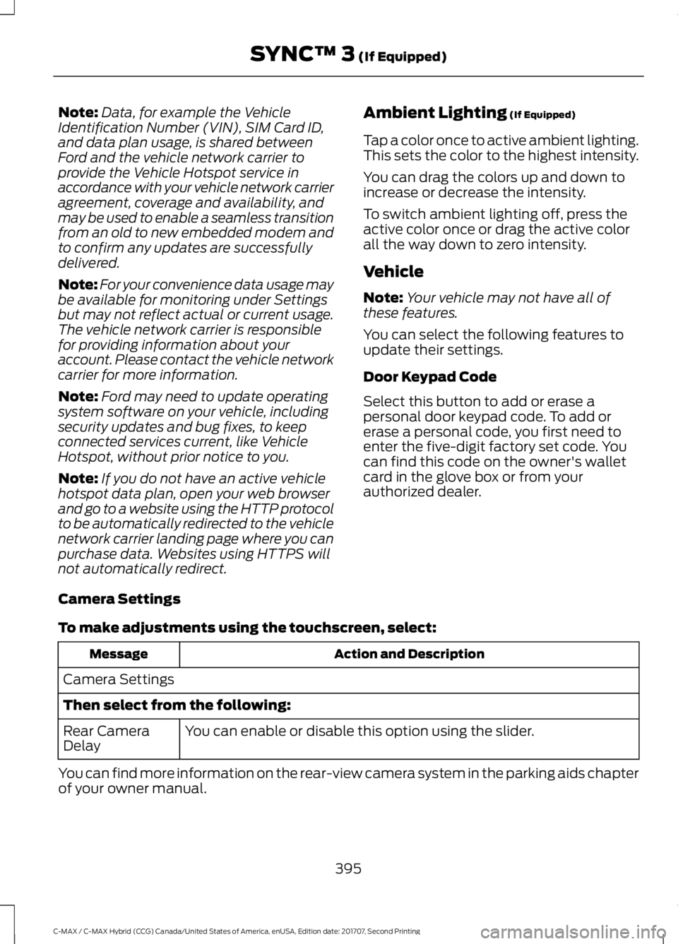 FORD C-MAY HYBRID 2018 Owners Manual Note:
Data, for example the Vehicle
Identification Number (VIN), SIM Card ID,
and data plan usage, is shared between
Ford and the vehicle network carrier to
provide the Vehicle Hotspot service in
acco FORD C-MAY HYBRID 2018 Owners Manual Note:
Data, for example the Vehicle
Identification Number (VIN), SIM Card ID,
and data plan usage, is shared between
Ford and the vehicle network carrier to
provide the Vehicle Hotspot service in
acco