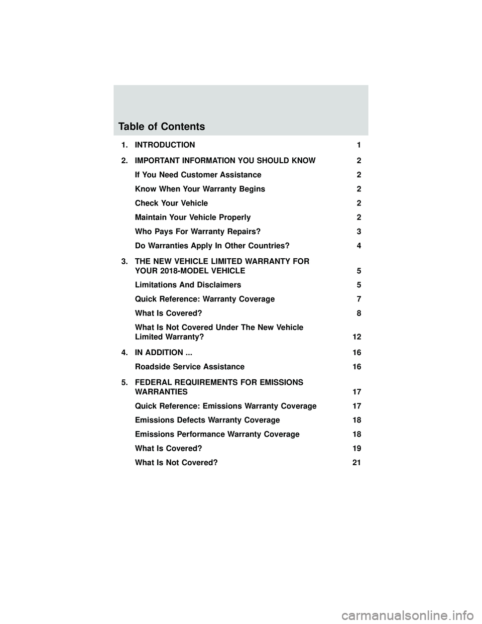FORD C-MAY HYBRID 2018 Warranty Guide Table of Contents
1. INTRODUCTION1
2.
IMPORTANT INFORMATION YOU SHOULD KNOW2
If You Need Customer Assistance 2
Know When Your Warranty Begins 2
Check Your Vehicle 2
Maintain Your Vehicle Properly 2
Wh FORD C-MAY HYBRID 2018 Warranty Guide Table of Contents
1. INTRODUCTION1
2.
IMPORTANT INFORMATION YOU SHOULD KNOW2
If You Need Customer Assistance 2
Know When Your Warranty Begins 2
Check Your Vehicle 2
Maintain Your Vehicle Properly 2
Wh