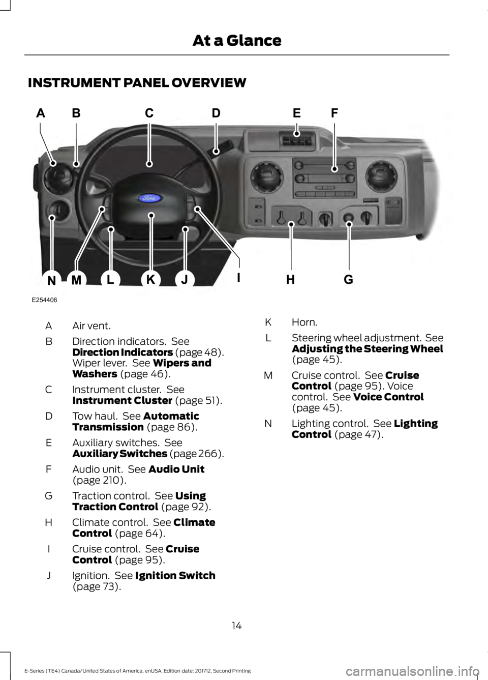 FORD E-350 2018 User Guide INSTRUMENT PANEL OVERVIEW
Air vent.
A
Direction indicators.  See
Direction Indicators (page 48).
Wiper lever.  See Wipers and
Washers (page 46).
B
Instrument cluster.  See
Instrument Cluster
 (page 51