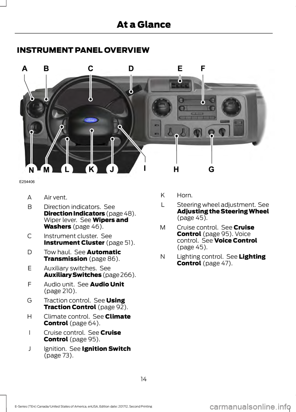 FORD E-350 2018  Owners Manual INSTRUMENT PANEL OVERVIEW
Air vent.
A
Direction indicators.  See
Direction Indicators (page 48).
Wiper lever.  See Wipers and
Washers (page 46).
B
Instrument cluster.  See
Instrument Cluster
 (page 51