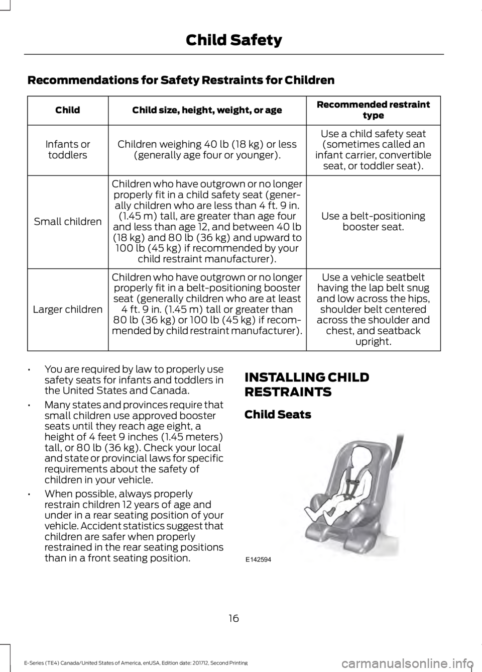 FORD E-350 2018 User Guide Recommendations for Safety Restraints for Children
Recommended restraint
type
Child size, height, weight, or age
Child
Use a child safety seat(sometimes called an
infant carrier, convertible seat, or 