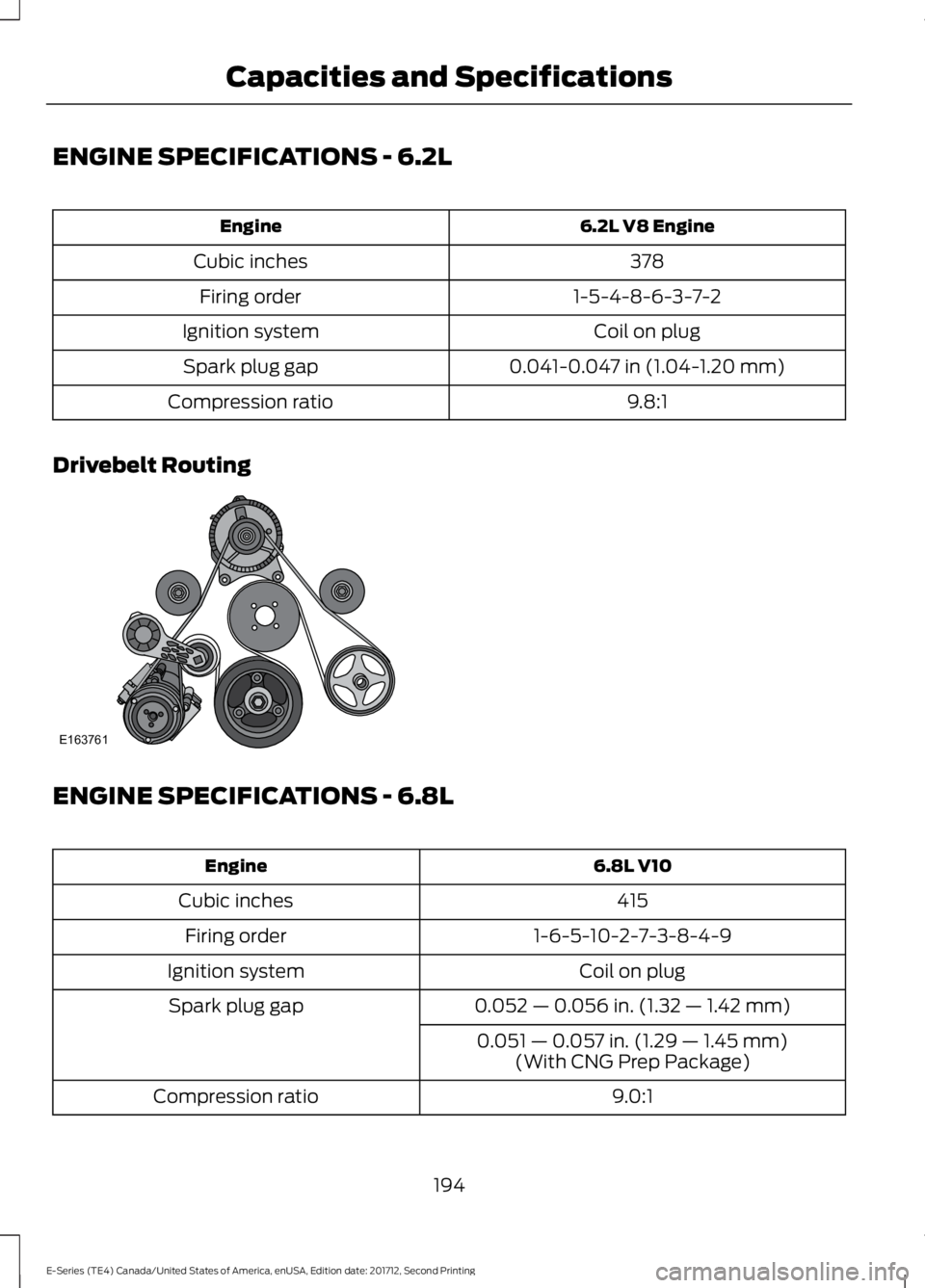 FORD E-350 2018  Owners Manual ENGINE SPECIFICATIONS - 6.2L
6.2L V8 Engine
Engine
378
Cubic inches
1-5-4-8-6-3-7-2
Firing order
Coil on plug
Ignition system
0.041-0.047 in (1.04-1.20 mm)
Spark plug gap
9.8:1
Compression ratio
Drive