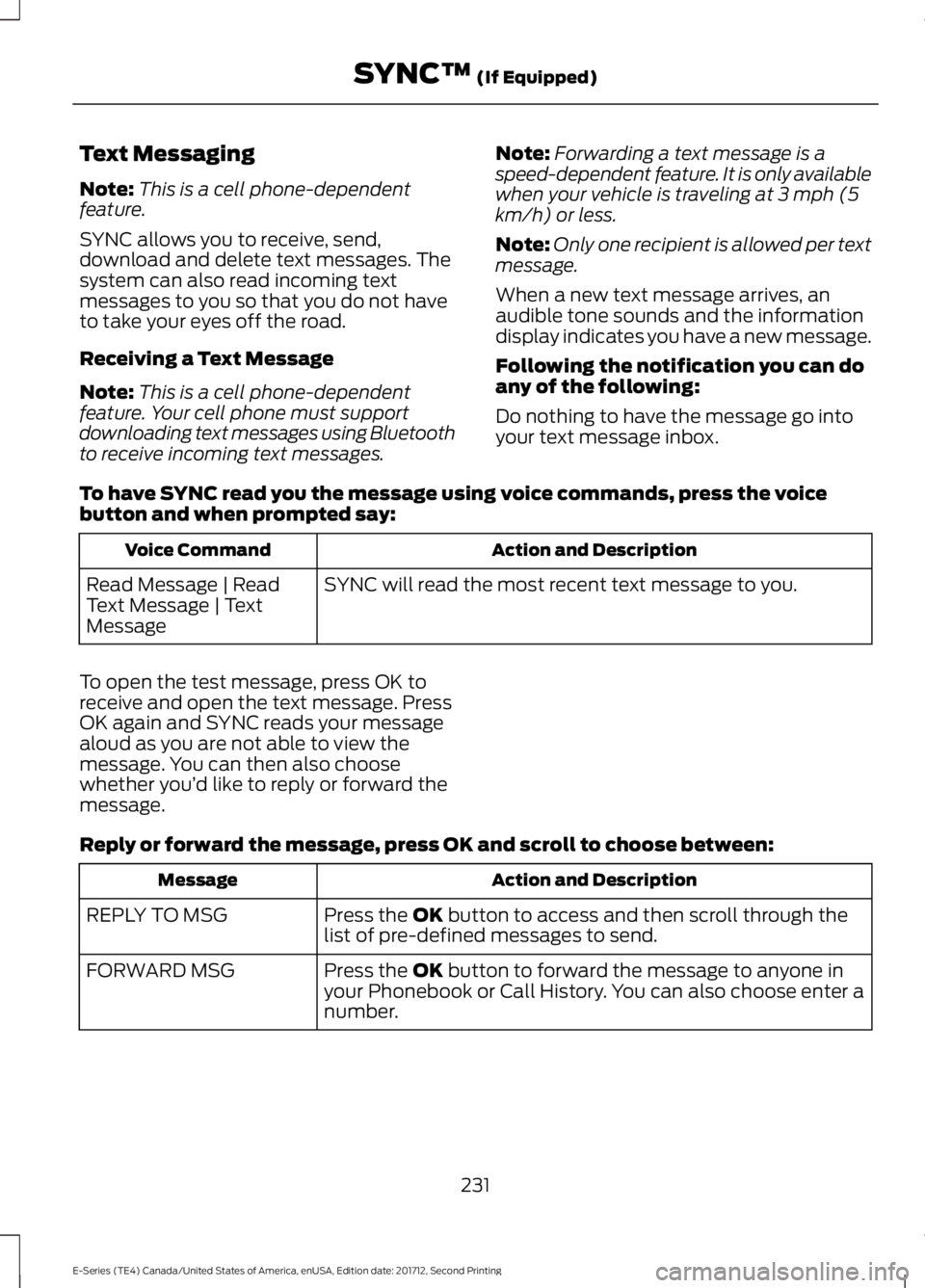 FORD E-350 2018  Owners Manual Text Messaging
Note:
This is a cell phone-dependent
feature.
SYNC allows you to receive, send,
download and delete text messages. The
system can also read incoming text
messages to you so that you do 