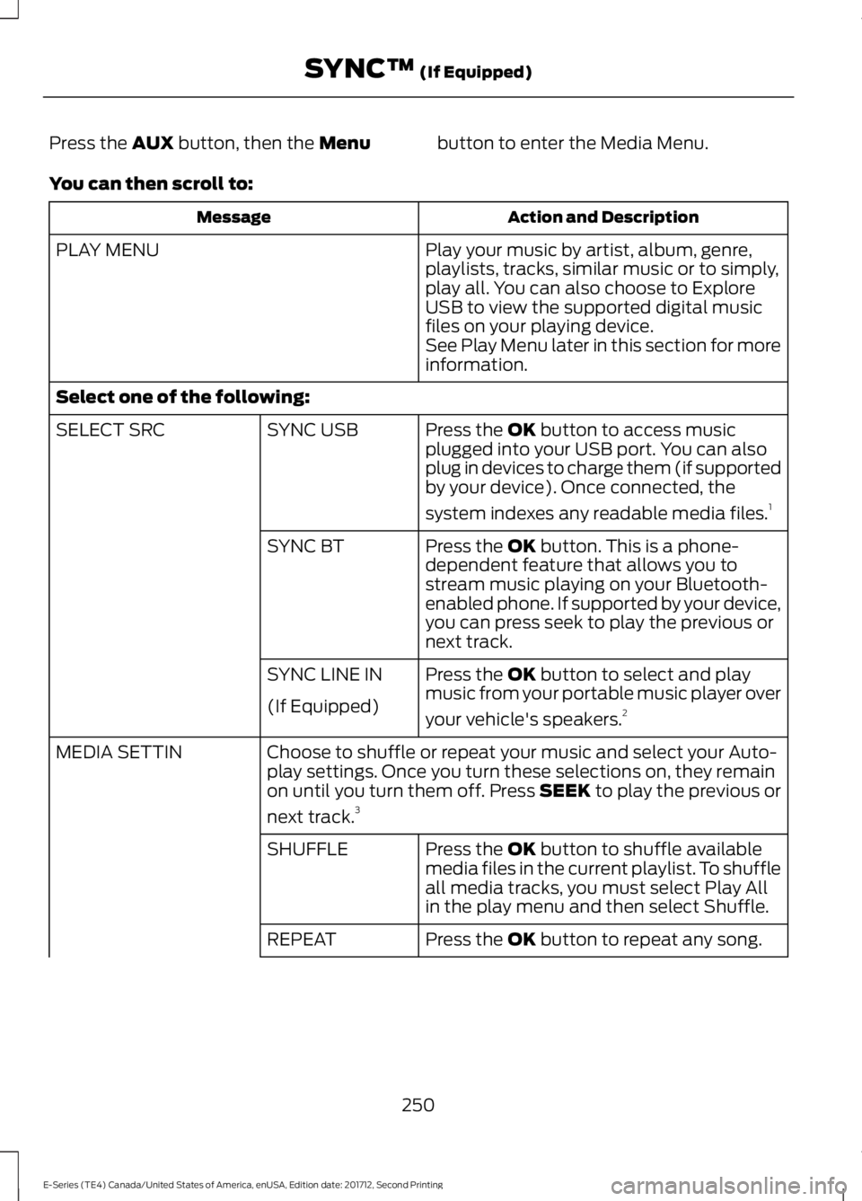 FORD E-350 2018 Owners Manual Press the AUX button, then the Menu
button to enter the Media Menu.
You can then scroll to: Action and Description
Message
Play your music by artist, album, genre,
playlists, tracks, similar music or FORD E-350 2018 Owners Manual Press the AUX button, then the Menu
button to enter the Media Menu.
You can then scroll to: Action and Description
Message
Play your music by artist, album, genre,
playlists, tracks, similar music or