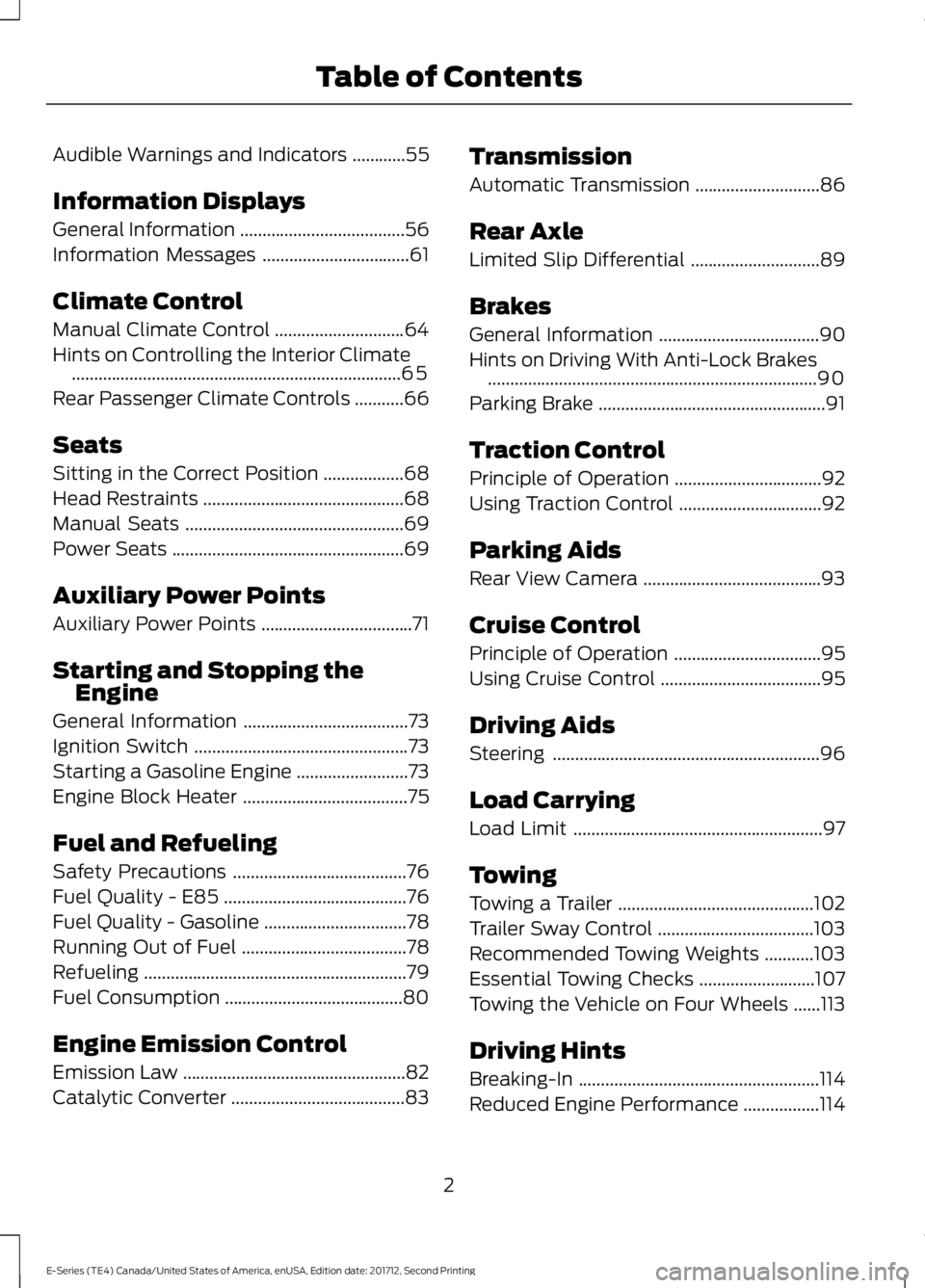 FORD E-350 2018  Owners Manual Audible Warnings and Indicators
............55
Information Displays
General Information .....................................
56
Information Messages .................................
61
Climate Contr