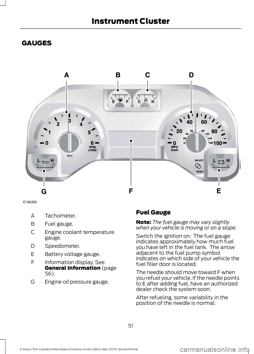 FORD E-350 2018  Owners Manual GAUGES
Tachometer.
A
Fuel gauge.
B
Engine coolant temperature
gauge.
C
Speedometer.
D
Battery voltage gauge.
E
Information display. See
General Information (page
56).
F
Engine oil pressure gauge.
G Fu