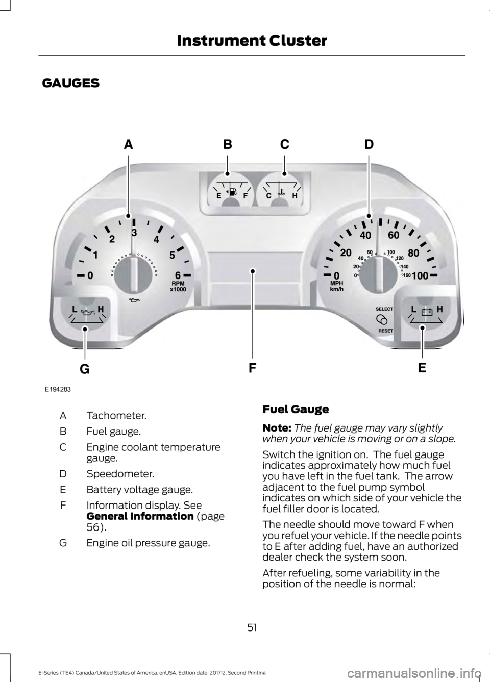FORD E-350 2018 Workshop Manual GAUGES
Tachometer.
A
Fuel gauge.
B
Engine coolant temperature
gauge.
C
Speedometer.
D
Battery voltage gauge.
E
Information display. See
General Information (page
56).
F
Engine oil pressure gauge.
G Fu