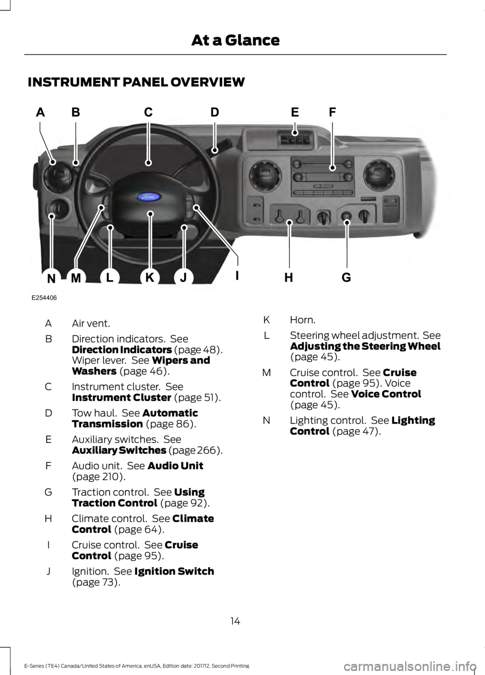FORD E-450 2018  Owners Manual INSTRUMENT PANEL OVERVIEW
Air vent.
A
Direction indicators.  See
Direction Indicators (page 48).
Wiper lever.  See Wipers and
Washers (page 46).
B
Instrument cluster.  See
Instrument Cluster
 (page 51