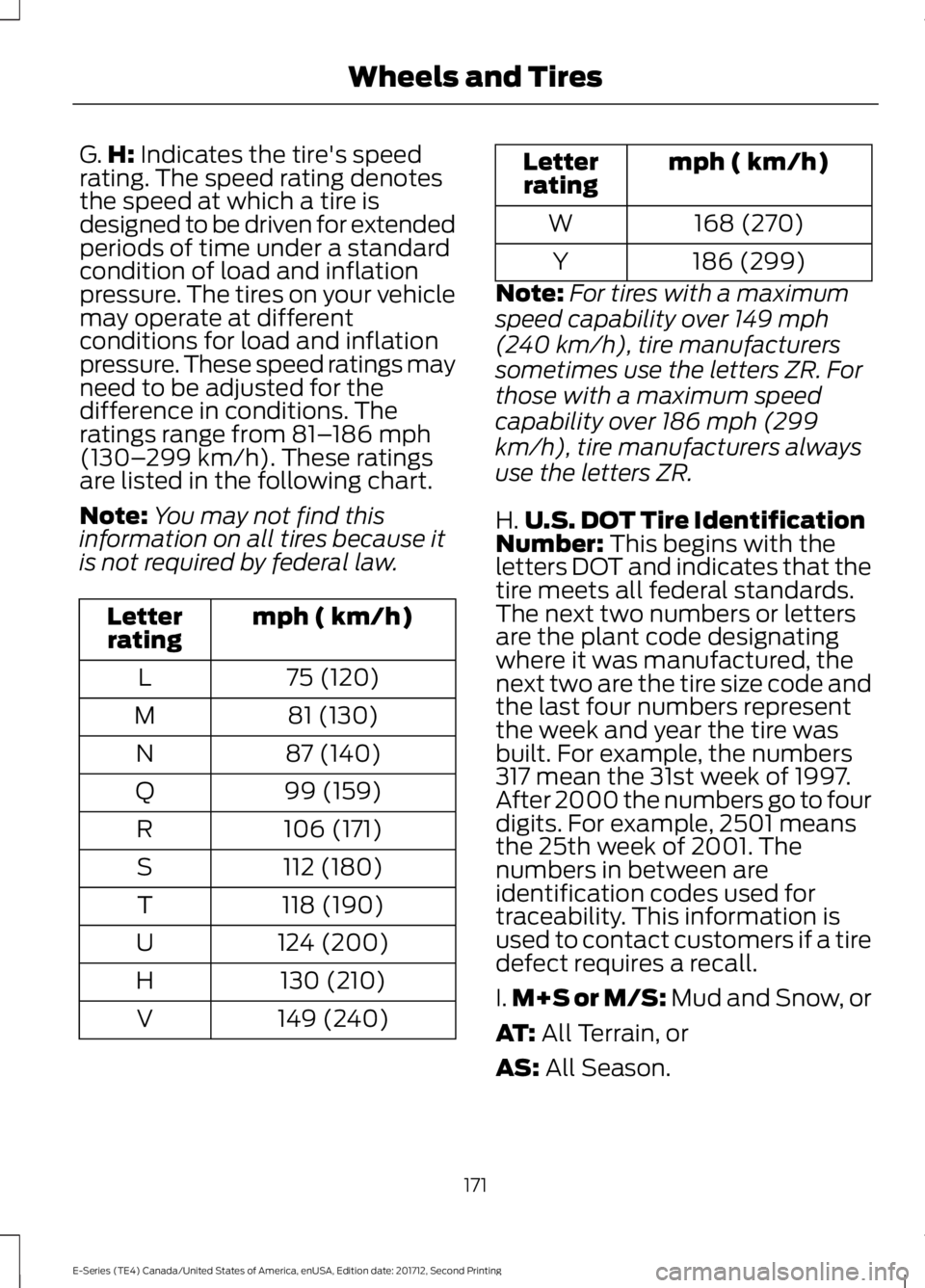 FORD E-450 2018 Owners Manual G.
H: Indicates the tire's speed
rating. The speed rating denotes
the speed at which a tire is
designed to be driven for extended
periods of time under a standard
condition of load and inflation
p FORD E-450 2018 Owners Manual G.
H: Indicates the tire's speed
rating. The speed rating denotes
the speed at which a tire is
designed to be driven for extended
periods of time under a standard
condition of load and inflation
p