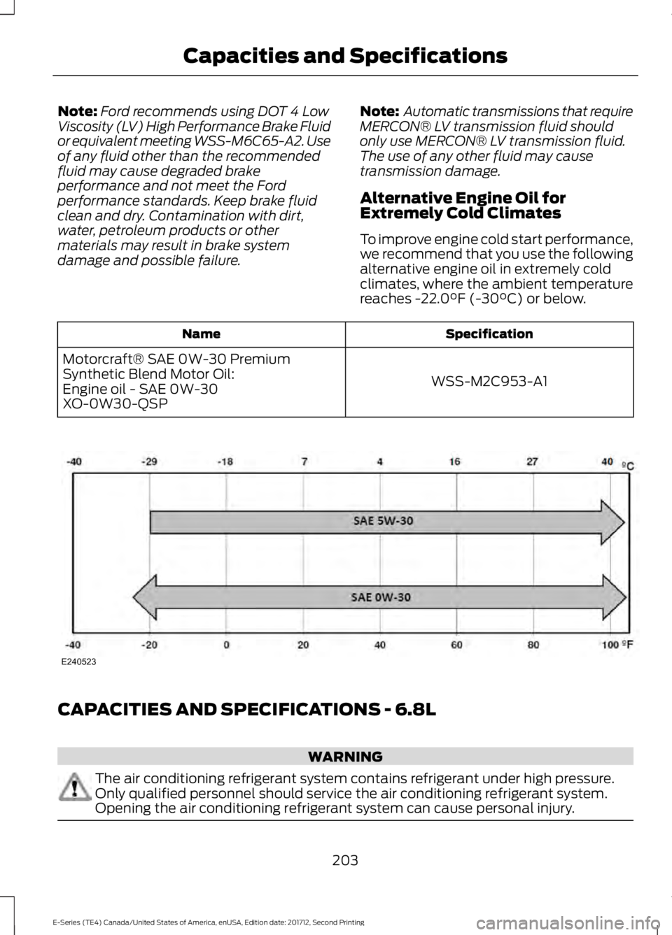 FORD E-450 2018  Owners Manual Note:
Ford recommends using DOT 4 Low
Viscosity (LV) High Performance Brake Fluid
or equivalent meeting WSS-M6C65-A2. Use
of any fluid other than the recommended
fluid may cause degraded brake
perform