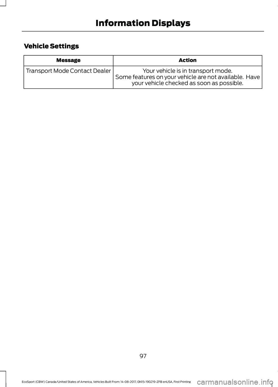 FORD ECOSPORT 2018 Owners Manual Vehicle Settings
ActionMessage
Your vehicle is in transport mode.Some features on your vehicle are not available. Haveyour vehicle checked as soon as possible.
Transport Mode Contact Dealer
97EcoSpor FORD ECOSPORT 2018 Owners Manual Vehicle Settings
ActionMessage
Your vehicle is in transport mode.Some features on your vehicle are not available. Haveyour vehicle checked as soon as possible.
Transport Mode Contact Dealer
97EcoSpor