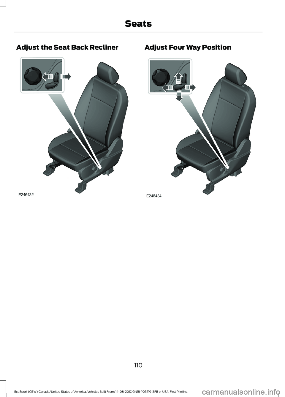 FORD ECOSPORT 2018 Owners Manual Adjust the Seat Back ReclinerAdjust Four Way Position
110EcoSport (CBW) Canada/United States of America, Vehicles Built From: 14-08-2017, GN15-19G219-ZFB enUSA, First PrintingSeats FORD ECOSPORT 2018 Owners Manual Adjust the Seat Back ReclinerAdjust Four Way Position
110EcoSport (CBW) Canada/United States of America, Vehicles Built From: 14-08-2017, GN15-19G219-ZFB enUSA, First PrintingSeats