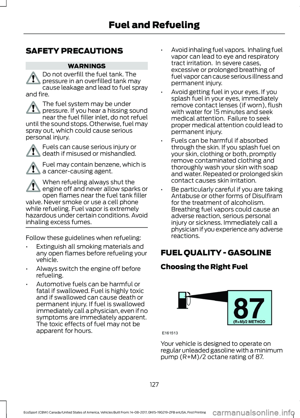 FORD ECOSPORT 2018 Owners Manual SAFETY PRECAUTIONS
WARNINGS
Do not overfill the fuel tank. Thepressure in an overfilled tank maycause leakage and lead to fuel sprayand fire.
The fuel system may be underpressure. If you hear a hissin FORD ECOSPORT 2018 Owners Manual SAFETY PRECAUTIONS
WARNINGS
Do not overfill the fuel tank. Thepressure in an overfilled tank maycause leakage and lead to fuel sprayand fire.
The fuel system may be underpressure. If you hear a hissin