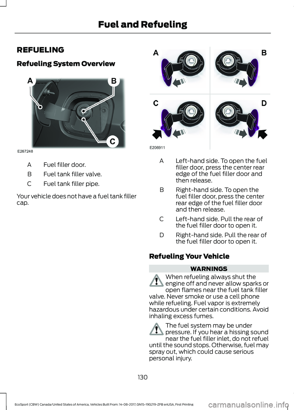 FORD ECOSPORT 2018 Owners Manual REFUELING
Refueling System Overview
Fuel filler door.A
Fuel tank filler valve.B
Fuel tank filler pipe.C
Your vehicle does not have a fuel tank fillercap.
Left-hand side. To open the fuelfiller door, p FORD ECOSPORT 2018 Owners Manual REFUELING
Refueling System Overview
Fuel filler door.A
Fuel tank filler valve.B
Fuel tank filler pipe.C
Your vehicle does not have a fuel tank fillercap.
Left-hand side. To open the fuelfiller door, p