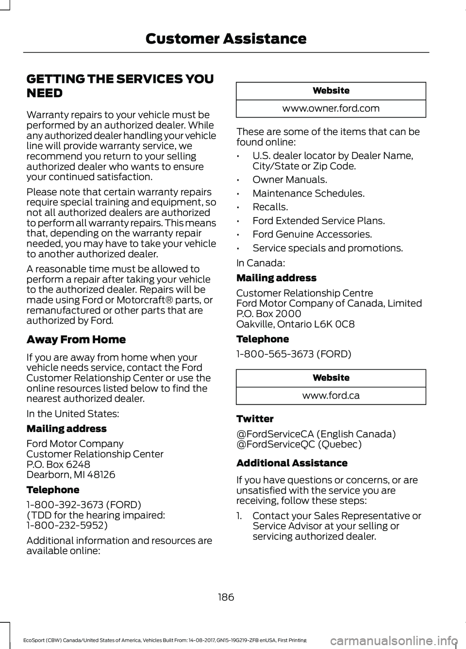 FORD ECOSPORT 2018 Owners Manual GETTING THE SERVICES YOU
NEED
Warranty repairs to your vehicle must beperformed by an authorized dealer. Whileany authorized dealer handling your vehicleline will provide warranty service, werecommend FORD ECOSPORT 2018 Owners Manual GETTING THE SERVICES YOU
NEED
Warranty repairs to your vehicle must beperformed by an authorized dealer. Whileany authorized dealer handling your vehicleline will provide warranty service, werecommend