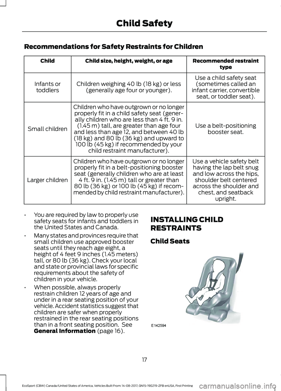 FORD ECOSPORT 2018 Owners Manual Recommendations for Safety Restraints for Children
Recommended restrainttypeChild size, height, weight, or ageChild
Use a child safety seat(sometimes called aninfant carrier, convertibleseat, or toddl FORD ECOSPORT 2018 Owners Manual Recommendations for Safety Restraints for Children
Recommended restrainttypeChild size, height, weight, or ageChild
Use a child safety seat(sometimes called aninfant carrier, convertibleseat, or toddl