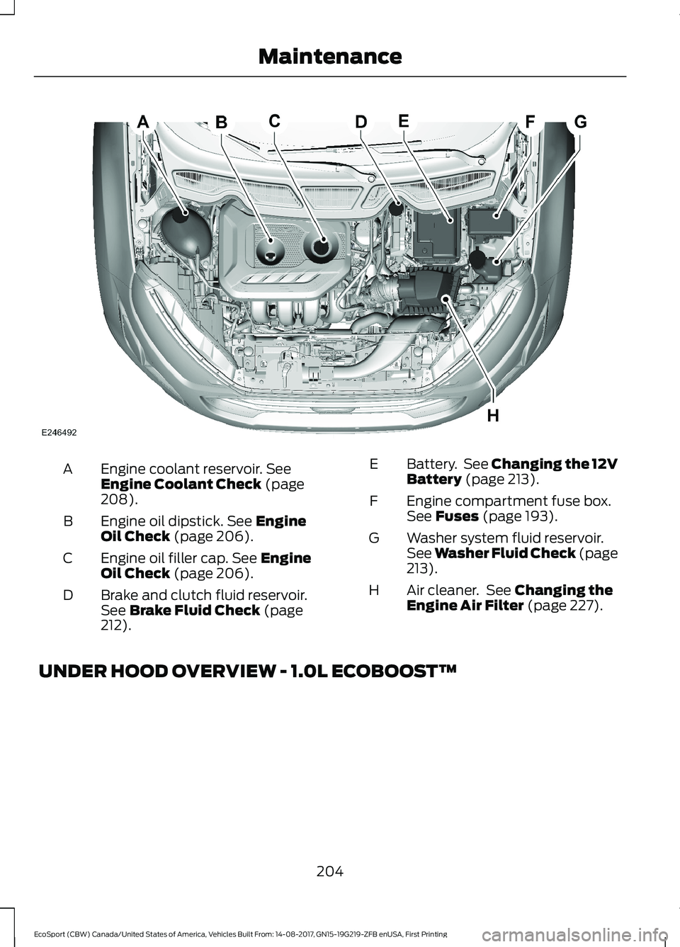 FORD ECOSPORT 2018 Owners Manual Engine coolant reservoir. SeeEngine Coolant Check (page208).
A
Engine oil dipstick. See EngineOil Check (page 206).B
Engine oil filler cap. See EngineOil Check (page 206).C
Brake and clutch fluid rese FORD ECOSPORT 2018 Owners Manual Engine coolant reservoir. SeeEngine Coolant Check (page208).
A
Engine oil dipstick. See EngineOil Check (page 206).B
Engine oil filler cap. See EngineOil Check (page 206).C
Brake and clutch fluid rese